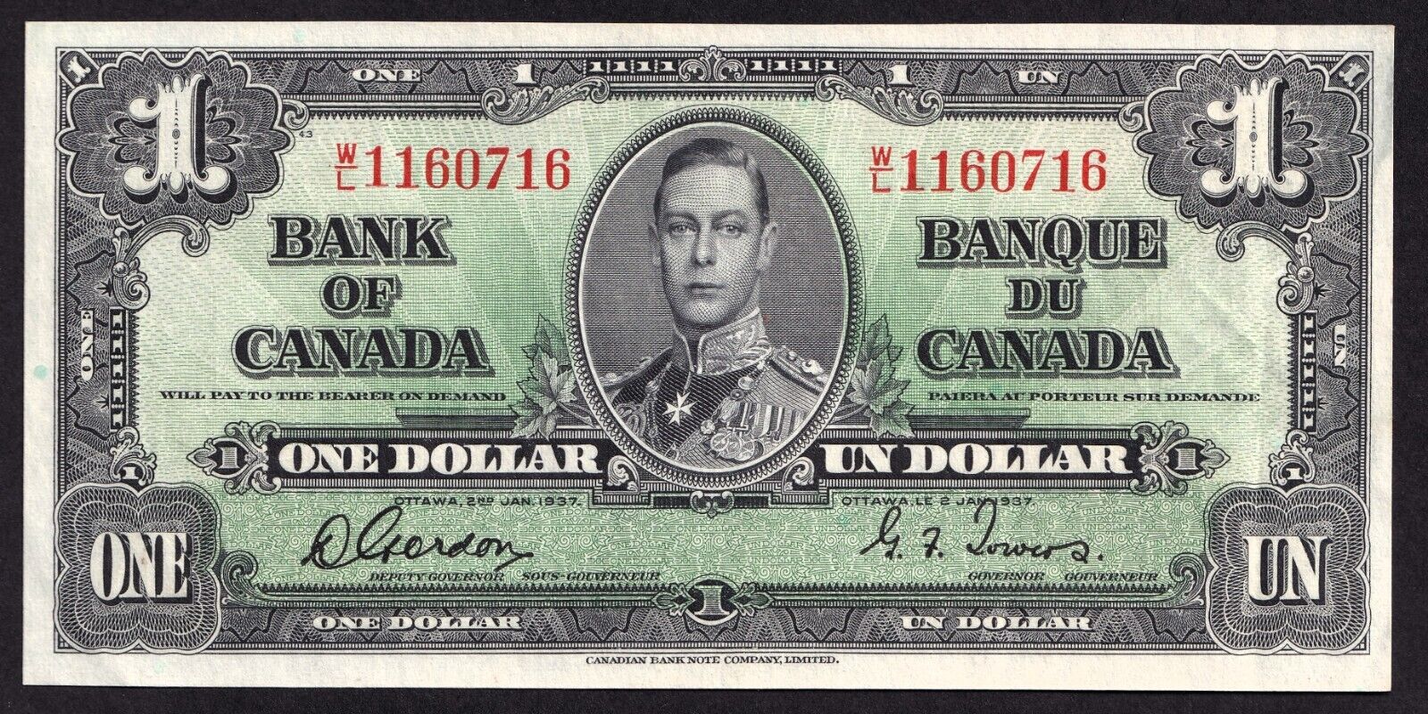 Canada 1937 $1 One Dollar Banknote Gordon - Towers W/L 1160716