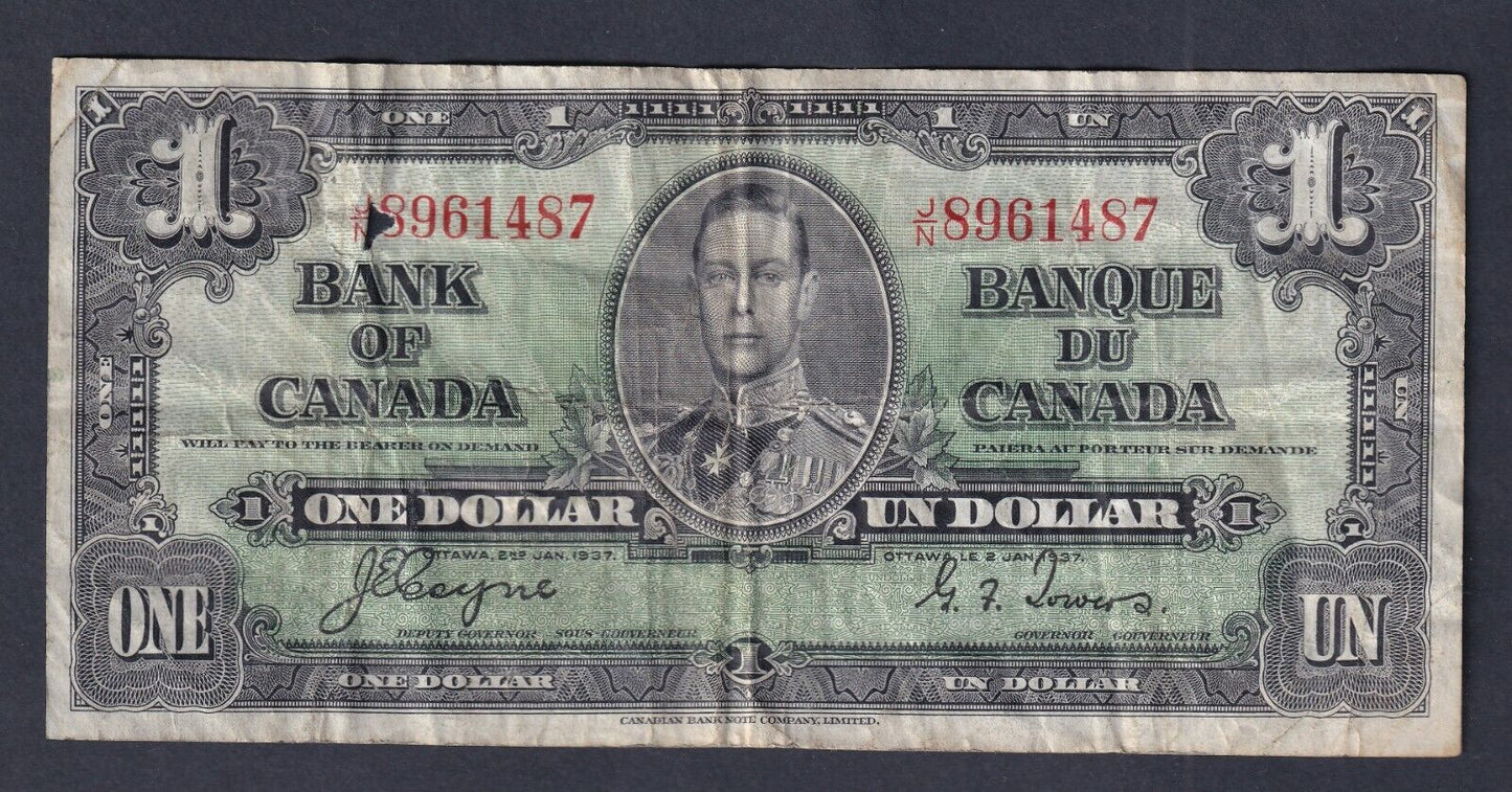 Canada 1937 $1 One Dollar Banknote Coyne-Towers