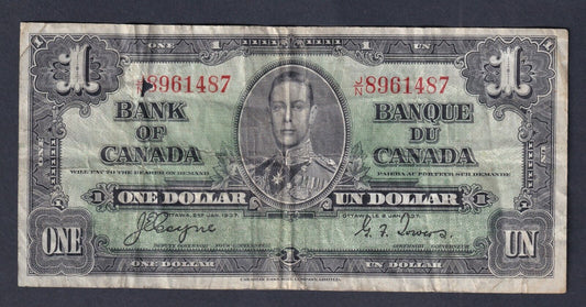 Canada 1937 $1 One Dollar Banknote Coyne-Towers