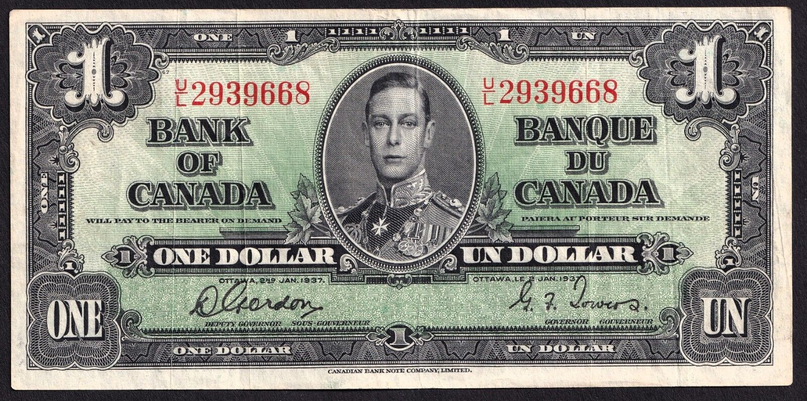 Canada 1937 $1 One Dollar Banknote Gordon - Towers U/L 2939668