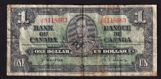 Canada 1937 $1 One Dollar Banknote Coyne - Towers J/N 8118663