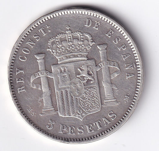 Spain Coin 5 Pesetas 1884 King Alfonso XII Silver .900 Large Silver Coin