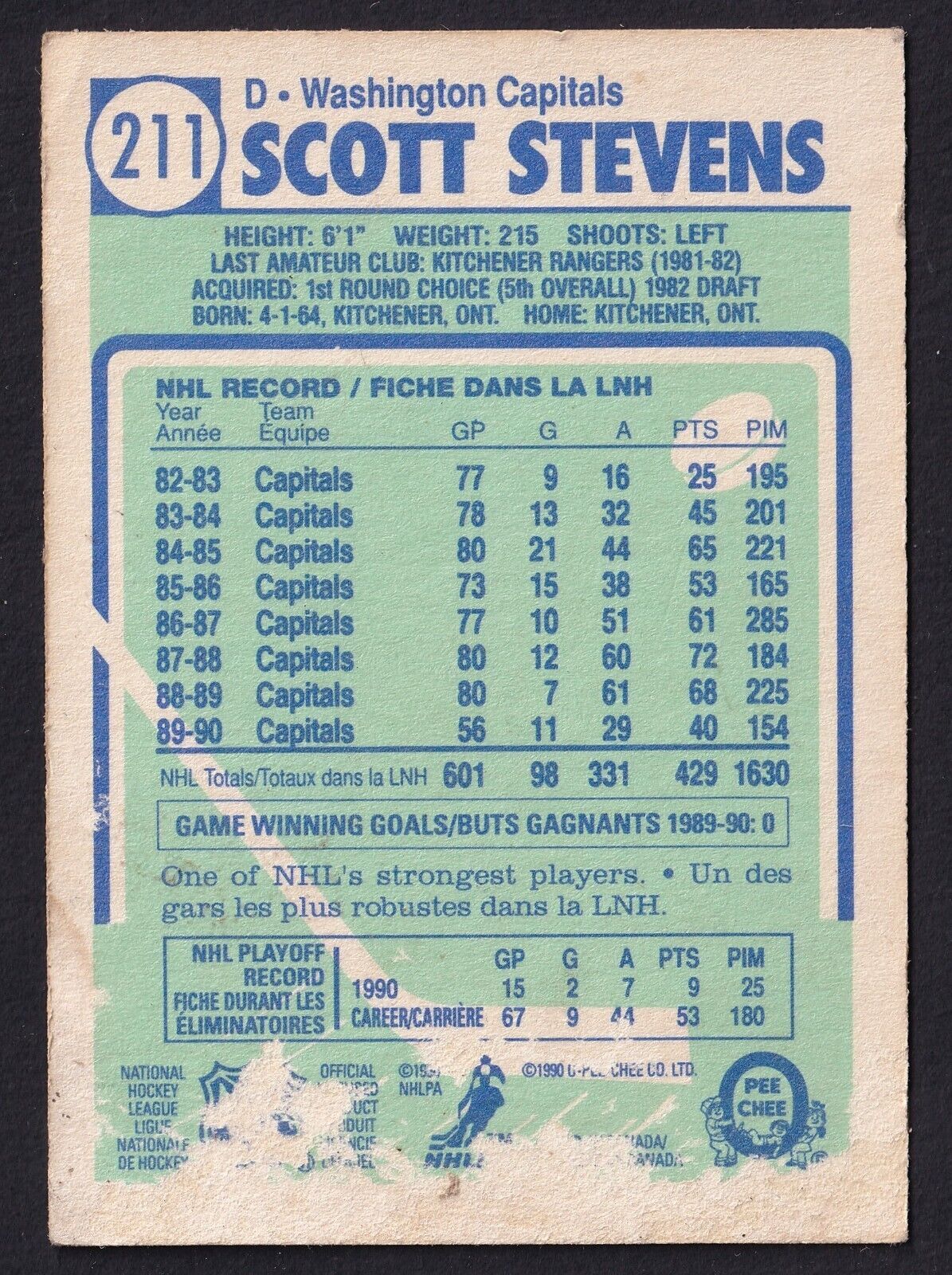 Scott Stevens 1990 O Pee Chee Washington Capitals #211