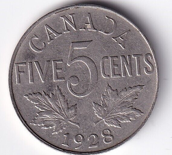 Canada 1928 Five Cent 5c Nickel King George V Very Fine