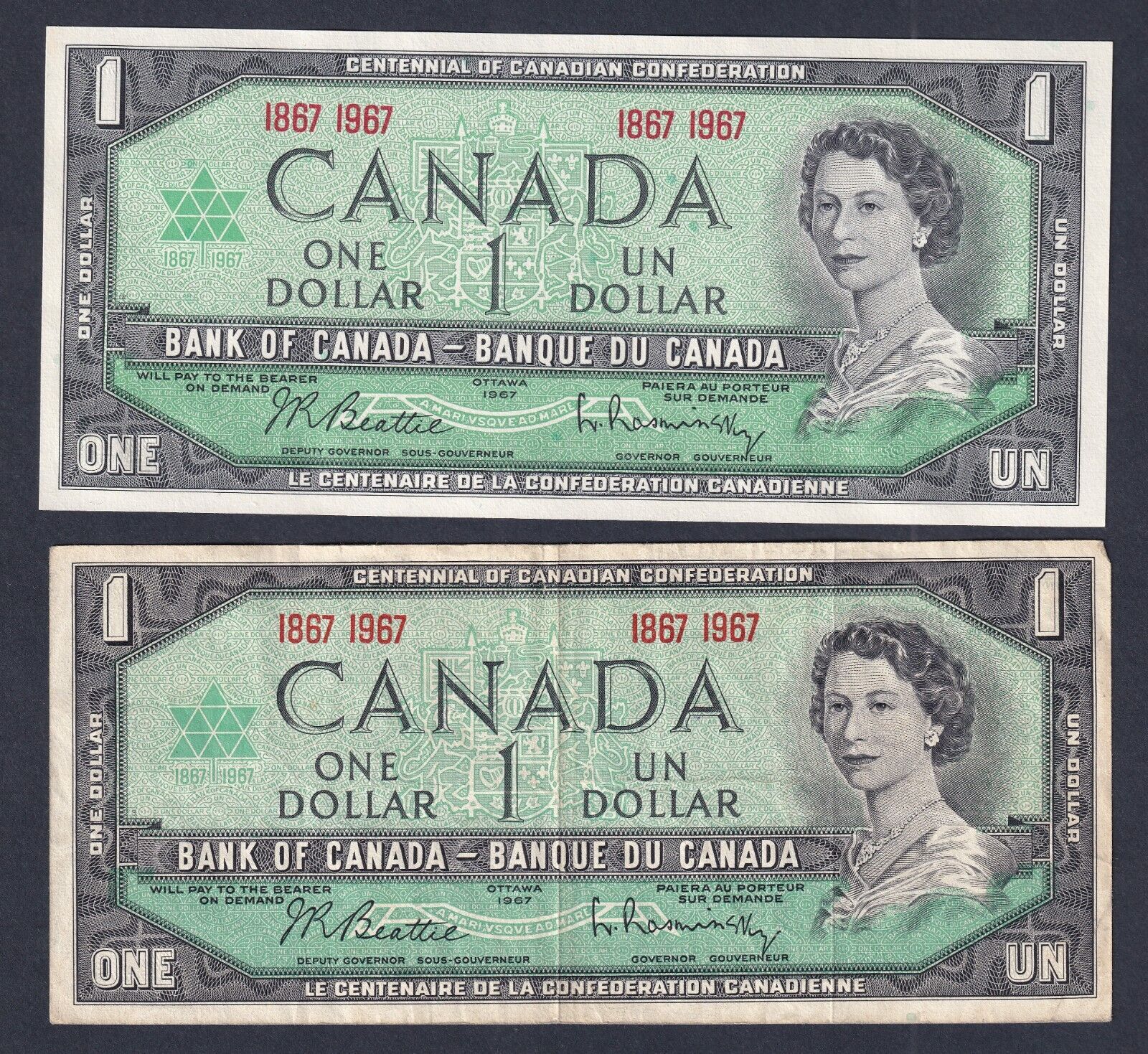 Canada 1967 $1 One Dollar Banknote Lot Of Two Beattie-Raminsky (Nicer Grades)