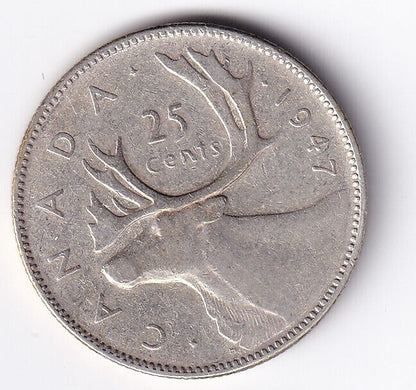 Canada 1947 Quarter 25 Twenty Five Cents Caribou Rare Dot Variety