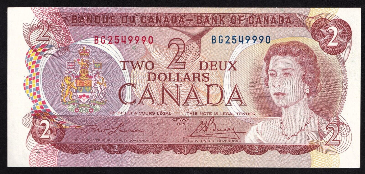 Canada 1974 $2 Two Dollar Banknote Lawson - Bouey BG2549990