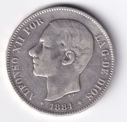 Spain Coin 5 Pesetas 1884 King Alfonso XII Silver .900 Large Silver Coin