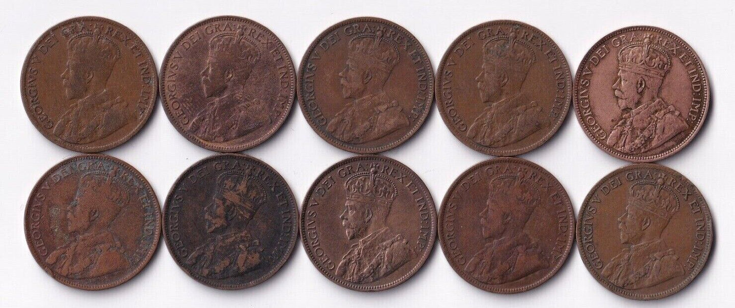 Canada 1916 1 Cent Lot of Ten Large Cents King George V Coins