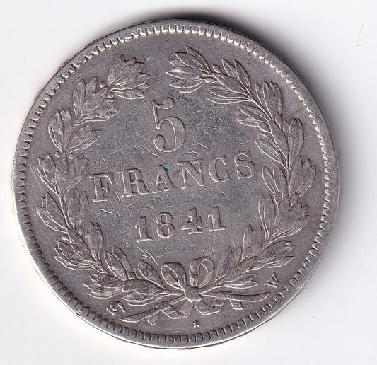 1841 W France 5 Francs Paris Louis Philippe Roi des Francais .900 Silver Large