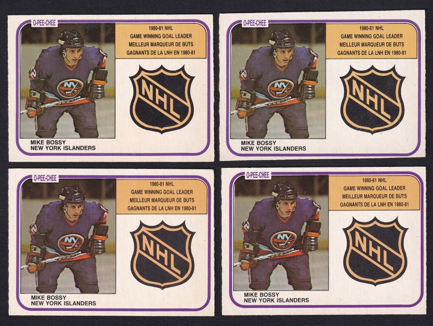 Lot Of 4 1981-82 O-Pee-Chee Hockey Mike Bossy Game-Winning Goal Leader #388