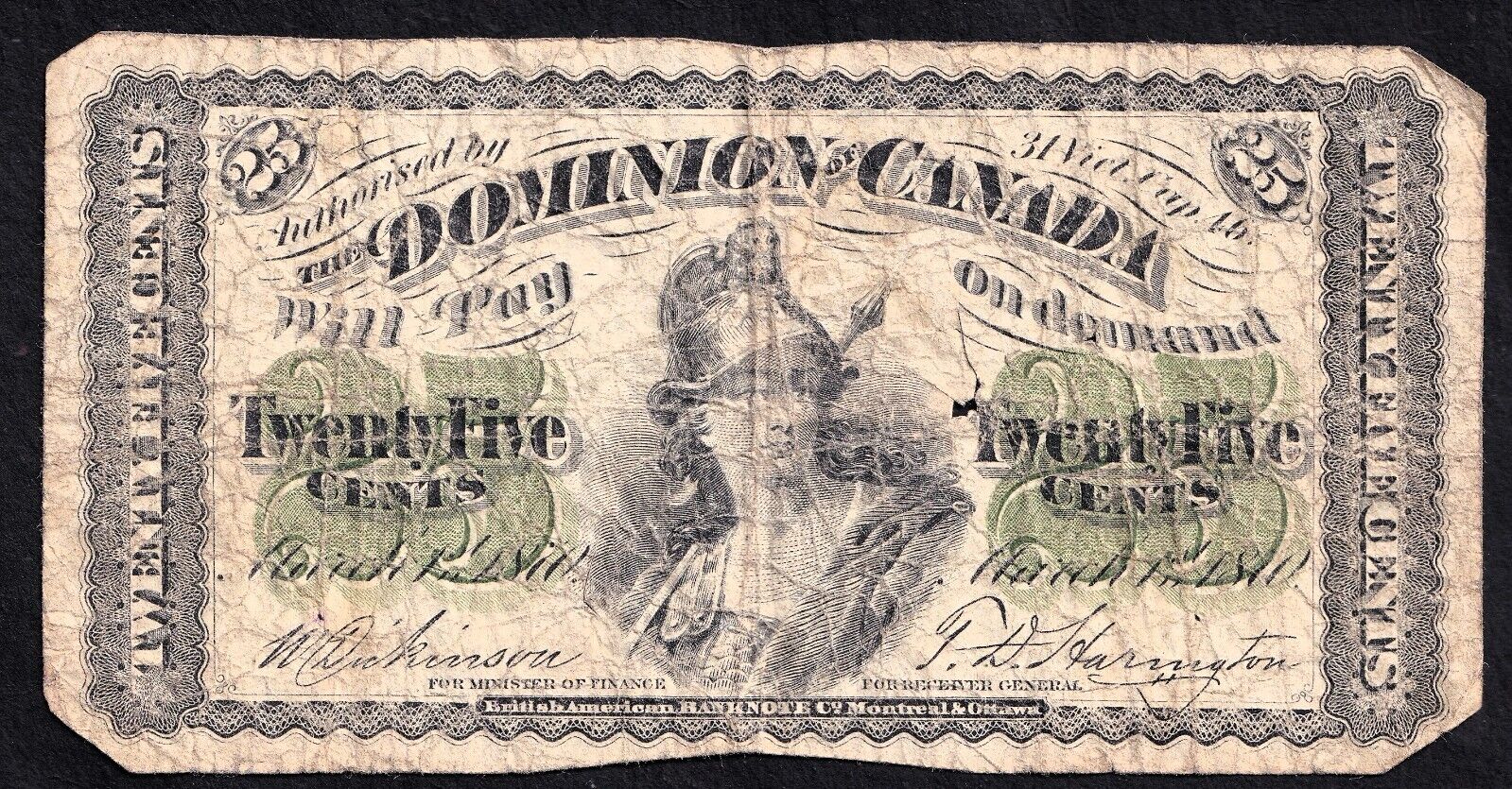 Dominion of Canada 1870 25 Cent Shinplaster Plain Dickinson-Harington Nice Note