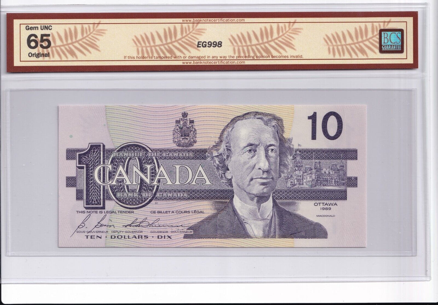 Canada 1989 $10 Ten Dollar Banknote Bonin - Thiessen BCS Graded Gem UNC 65