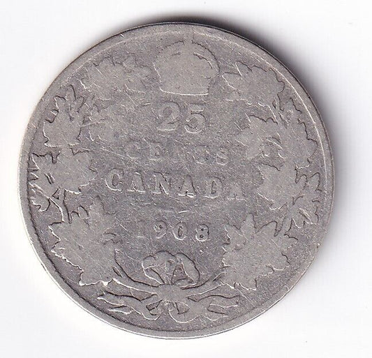 1908 Canada Silver Quarter 25 Twenty Five Cent Piece King Edward Semi Key Good+