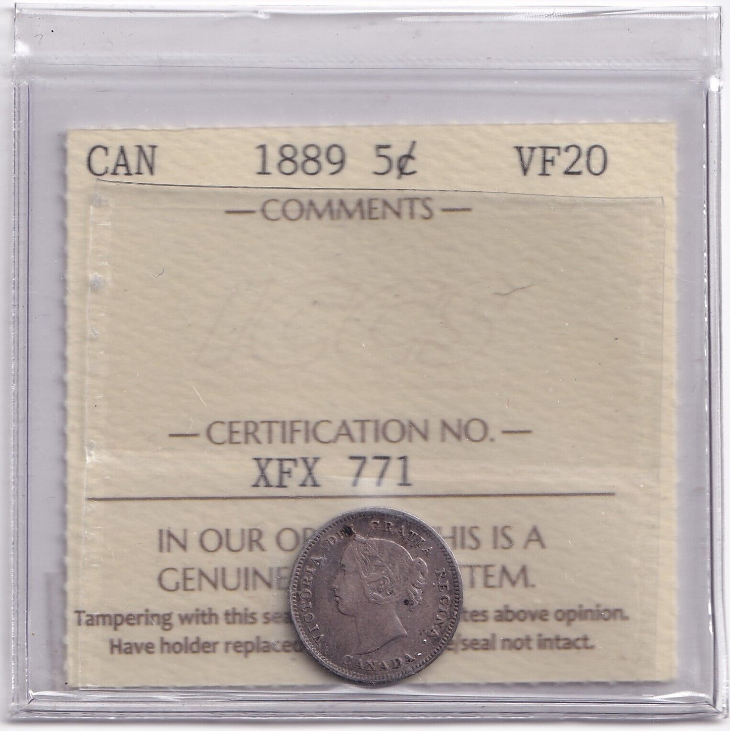 Canada 1889 Five Cent 5c Silver Coin ICCS Graded Very Fine VF 20 .925 Silver