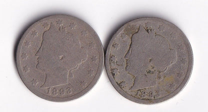 USA 1893 5c Liberty Head Nickel Lot Of Two Harder Date