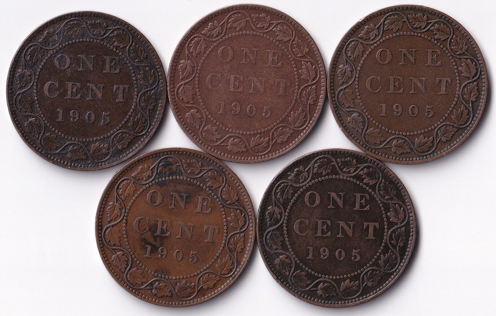 Canada 1905 1 Cent Lot of Five Large Cents King Edward Coins Harder Date