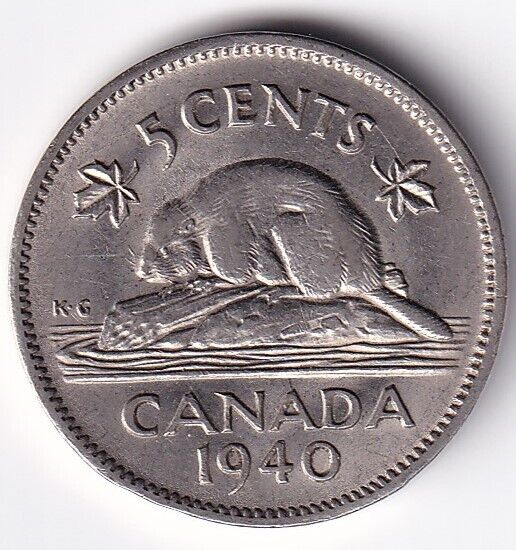 Canada 1940 Five Cent 5c Nickel King George VI Extra Fine, Nice Details