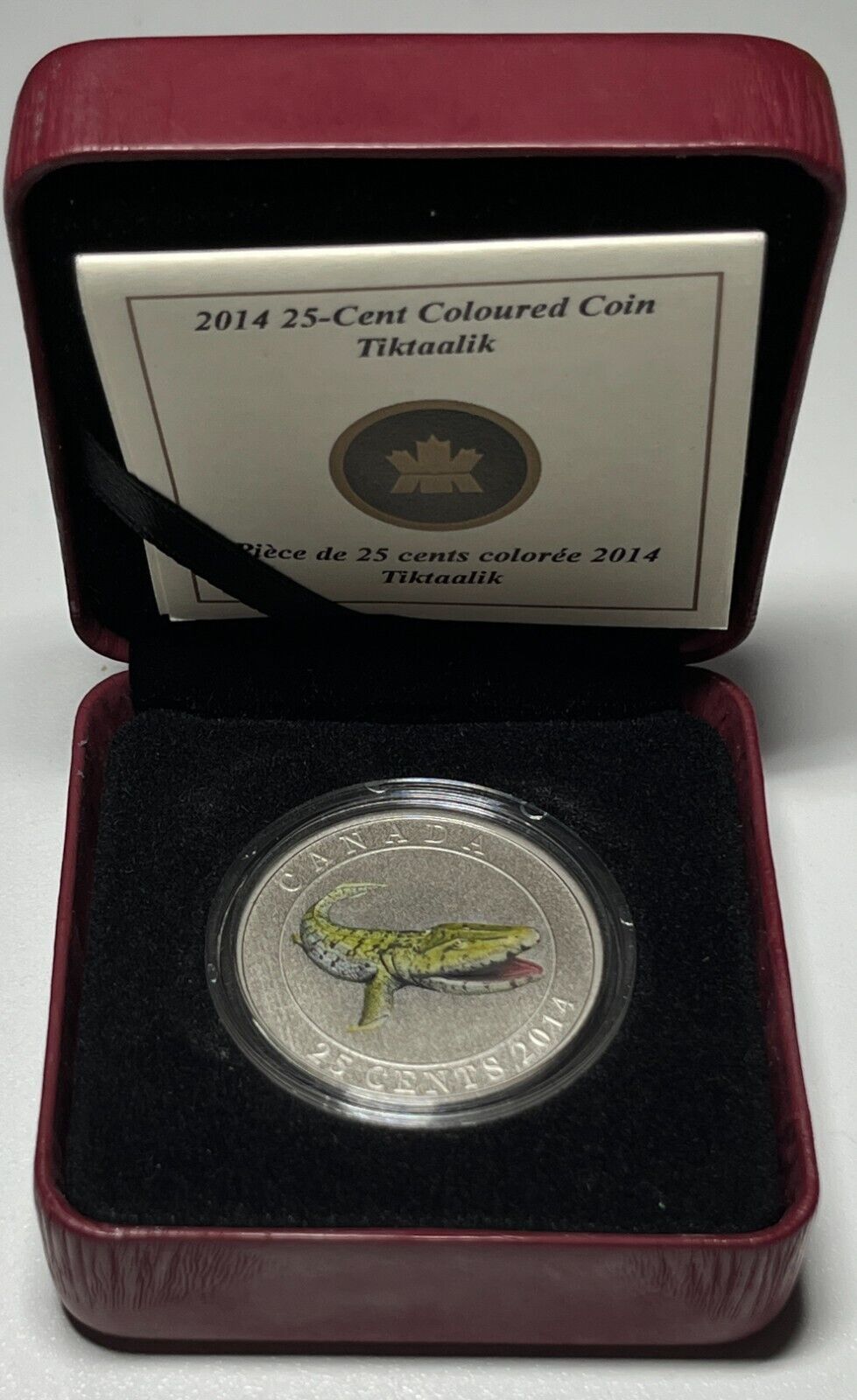 Canada 2014 25 Cent Tiktaalik Glow-in-the-Dark Coloured Coin With Box + COA