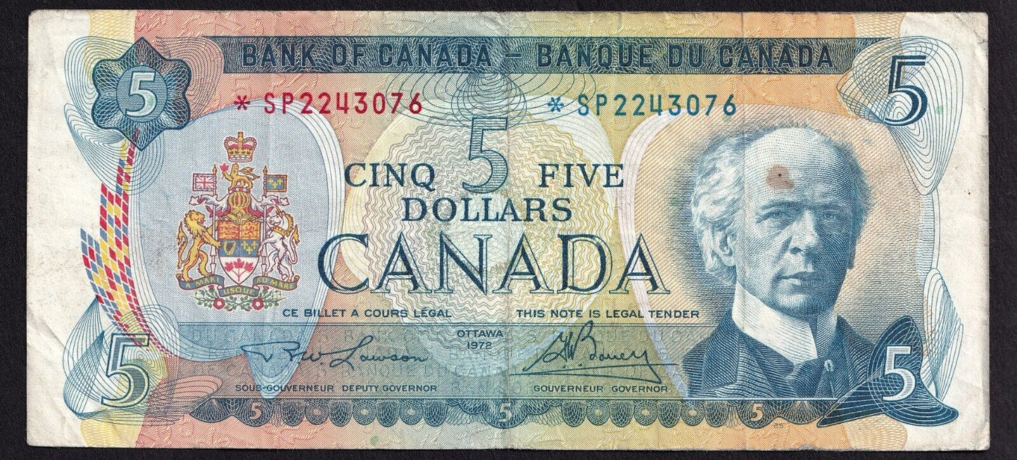 Canada 1972 $5 Five Dollar Banknote Lawson - Bouey Replacement *SP 2243076