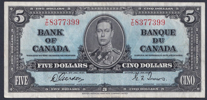 1937 Bank Of Canada $5 Five Dollar Banknote Gordon - Towers