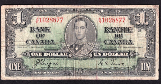 Canada 1937 $1 One Dollar Banknote Coyne - Towers A/N 1028877