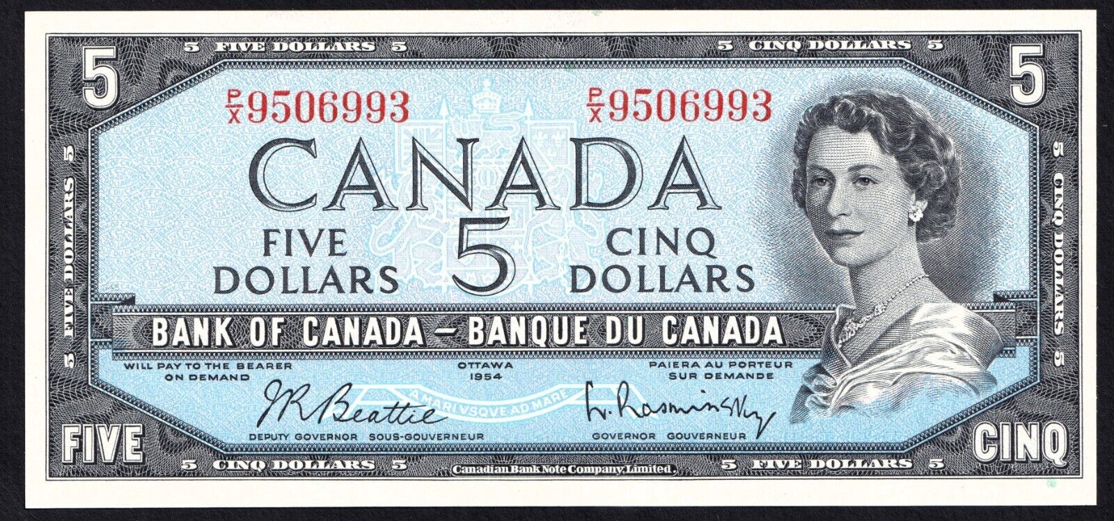 Canada 1954 $5 Five Dollar Banknote Beattie - Rasminsky P/X 9506993 UNC