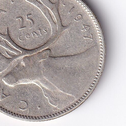 Canada 1947 Quarter 25 Twenty Five Cents Caribou Rare Dot Variety