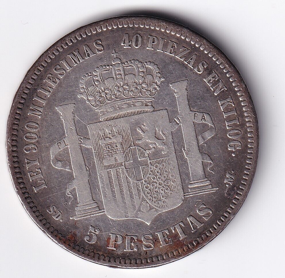 1871 Spain Silver 5 Pesetas .900 Silver Amadeo I Rey Large Silver Coin