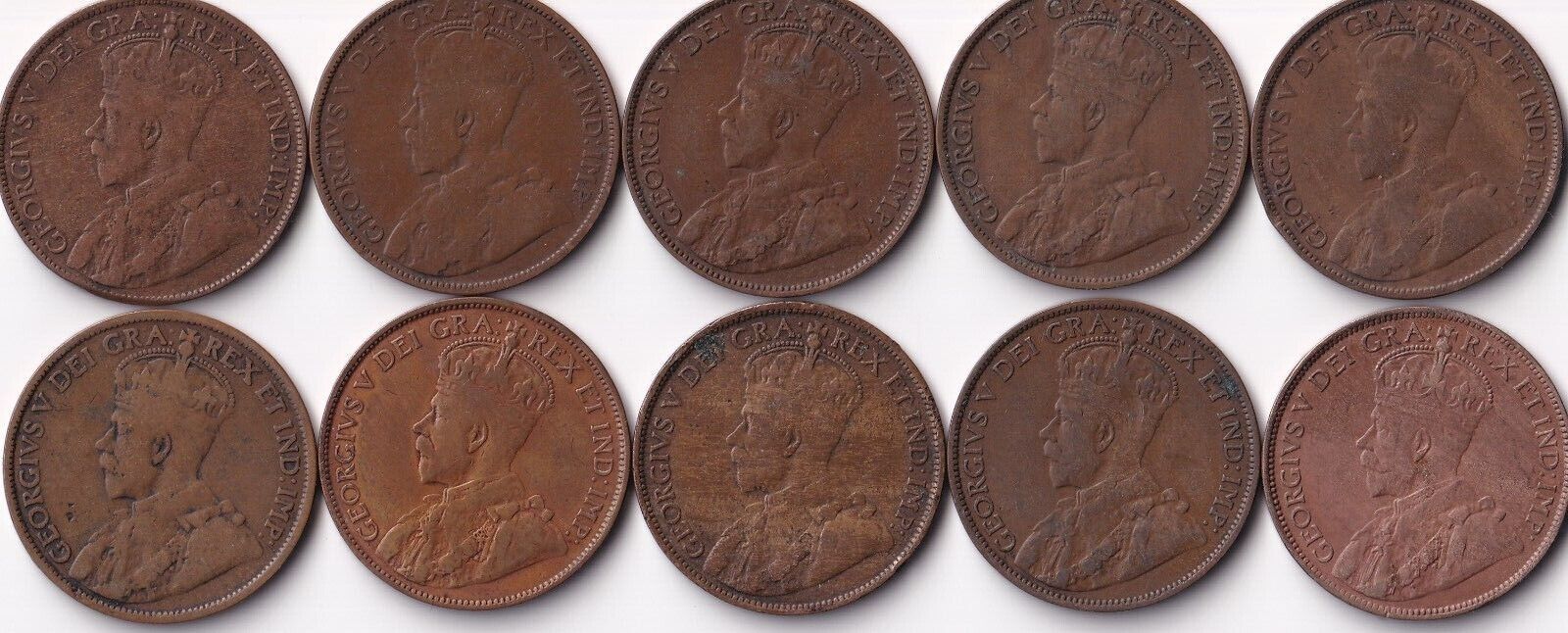 Canada 1913 1 Cent Lot of Ten Large Cents King George V Coins Harder Date