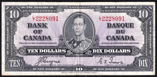 Canada 1937 $10 Ten Dollar Banknote Coyne - Towers L/T 2228091