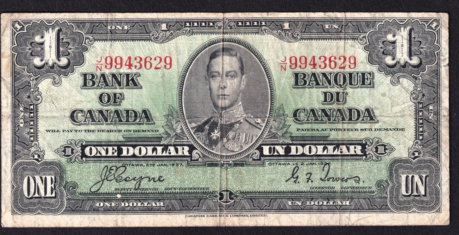 Canada 1937 $1 One Dollar Banknote Coyne - Towers O/N 9943629