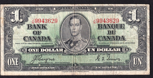 Canada 1937 $1 One Dollar Banknote Coyne - Towers O/N 9943629