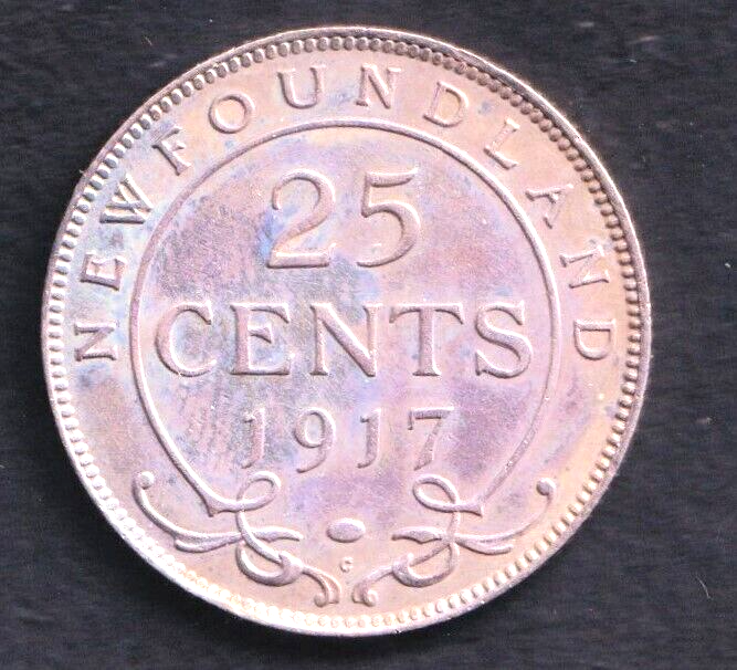 1917 Newfoundland Silver Quarter 25 Twenty Five Cent Piece King Edward V AU