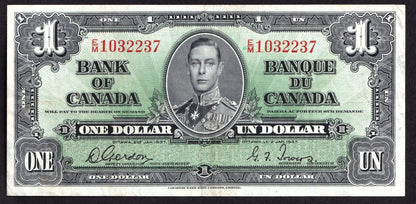 Canada 1937 $1 One Dollar Banknote Gordon - Towers E/M 1032237