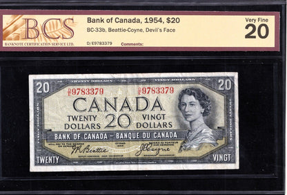 Canada 1954 $20 Twenty Dollar Devils Face Banknote Beattie -  Coyne D/E 9783379