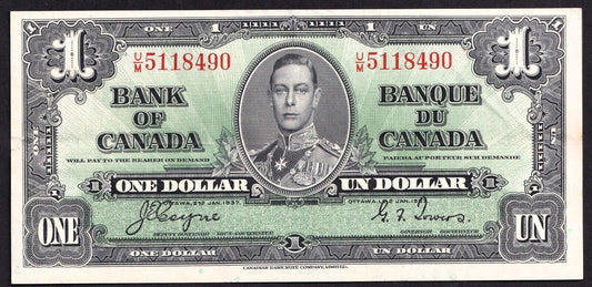 Canada 1937 $1 One Dollar Banknote Coyne - Towers U/M 5118490 NIce Colour