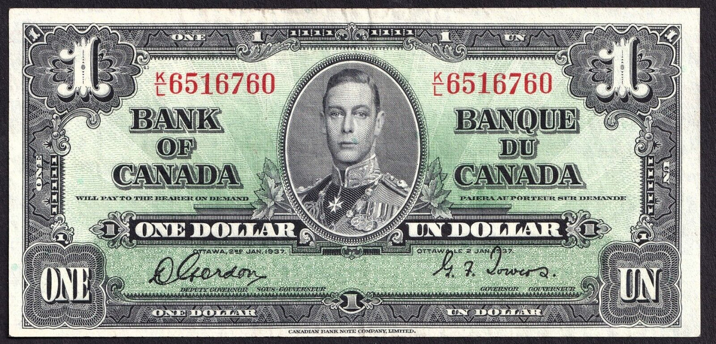 Canada 1937 $1 One Dollar Banknote Gordon - Towers K/L 6516760