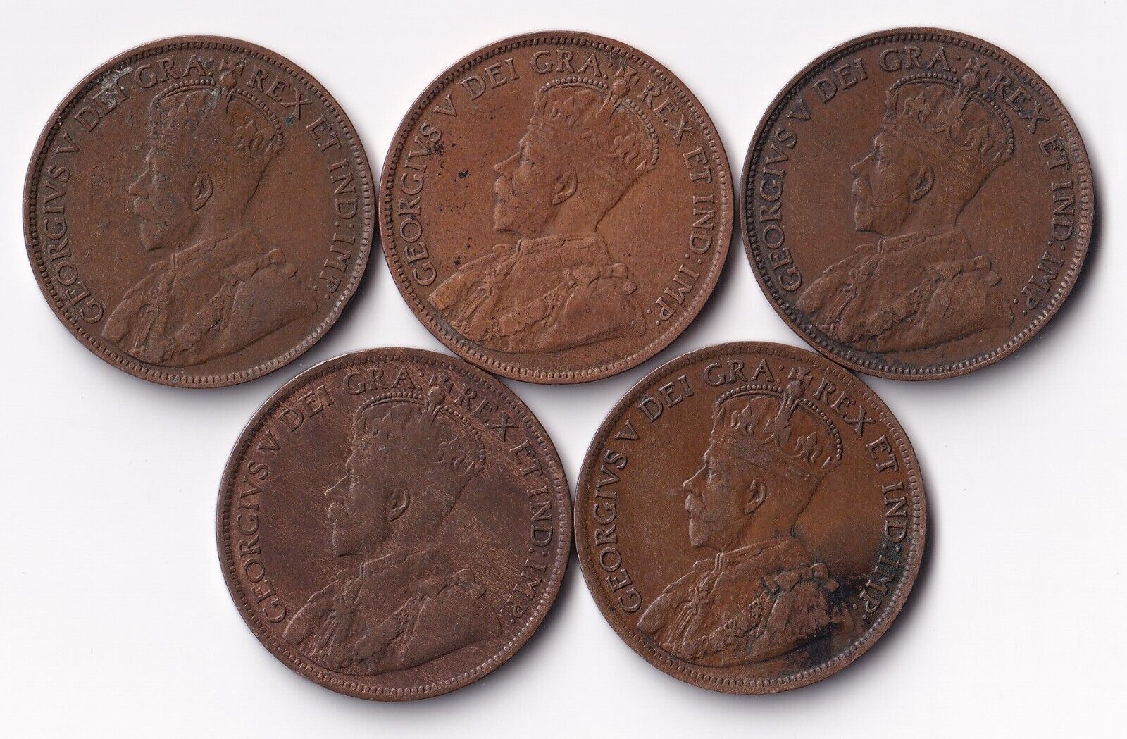 Canada 1919 1 Cent Lot of Five Large Cents King George V Coins Harder Date