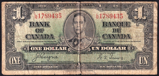 Canada 1937 $1 One Dollar Banknote Coyne - Towers L/N 1789435