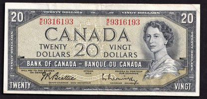 Canada 1954 $20 Twenty Dollar Banknote Beattie - Rasminsky M/E 9316193