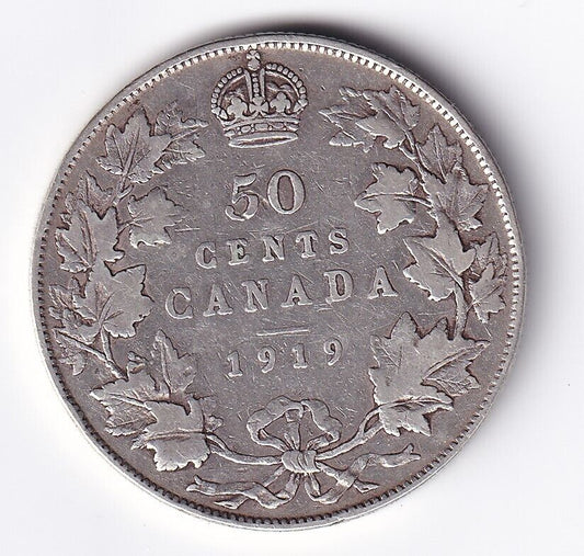 Canada 1919 50 Fifty Cent Half Dollar Silver Coin Fine -  King George V