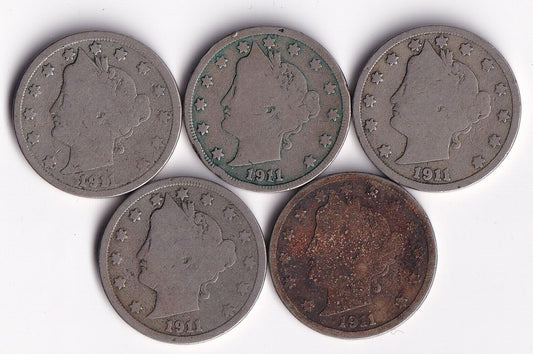 USA 1911 5c Liberty Head Nickel Lot Of Five VG Very Good Harder Date