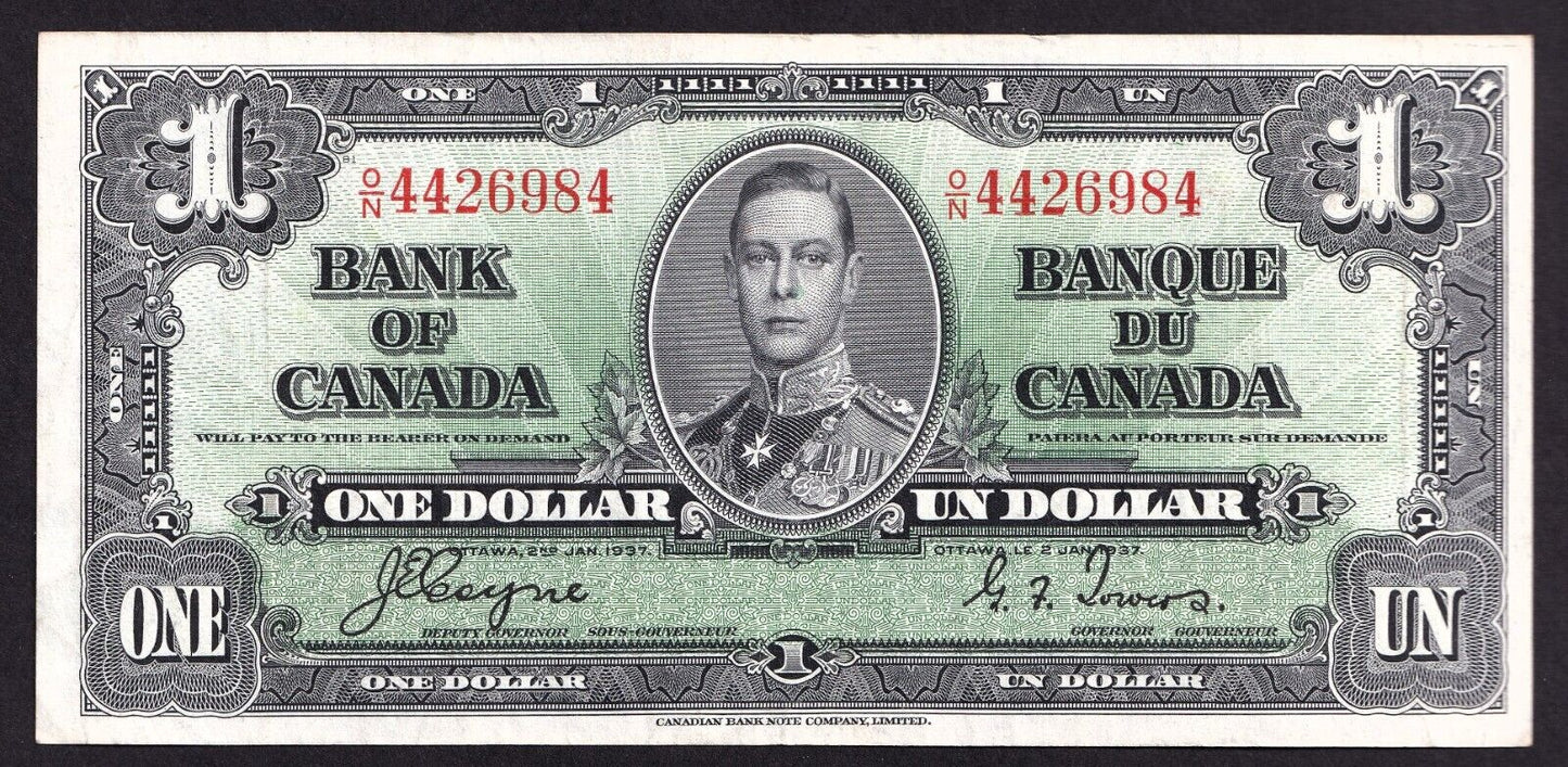 Canada 1937 $1 One Dollar Banknote Coyne - Towers O/N 4426984 Nice Colour