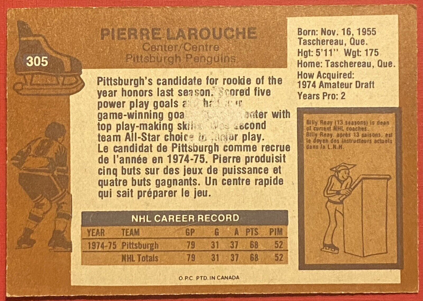 1975-76 OPC #305 PIERRE LAROUCHE ROOKIE CARD, PENGUINS