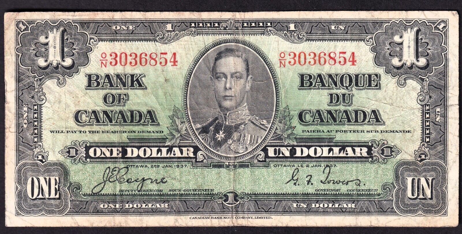 Canada 1937 $1 One Dollar Banknote Coyne - Towers O/N 3036854