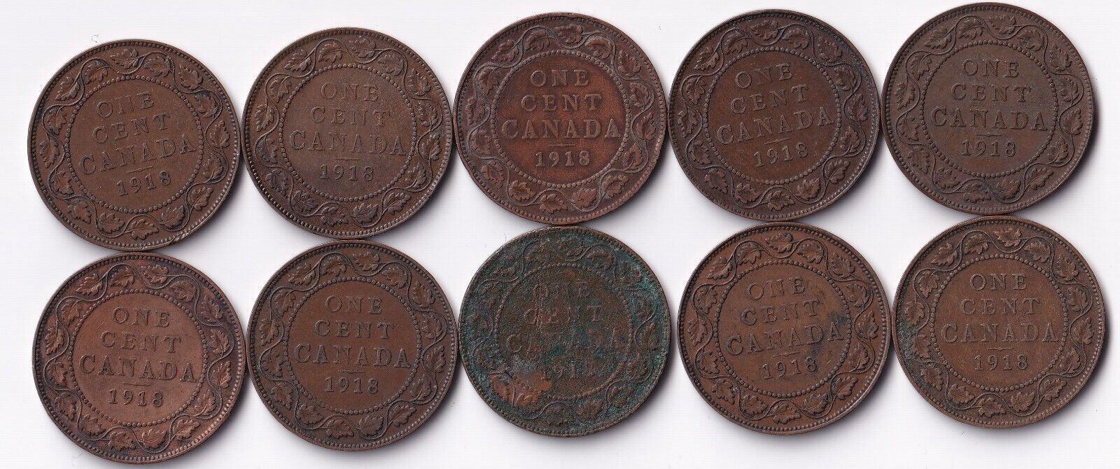 Canada 1918 1 Cent Lot Of Ten Large Cents King George V Coins