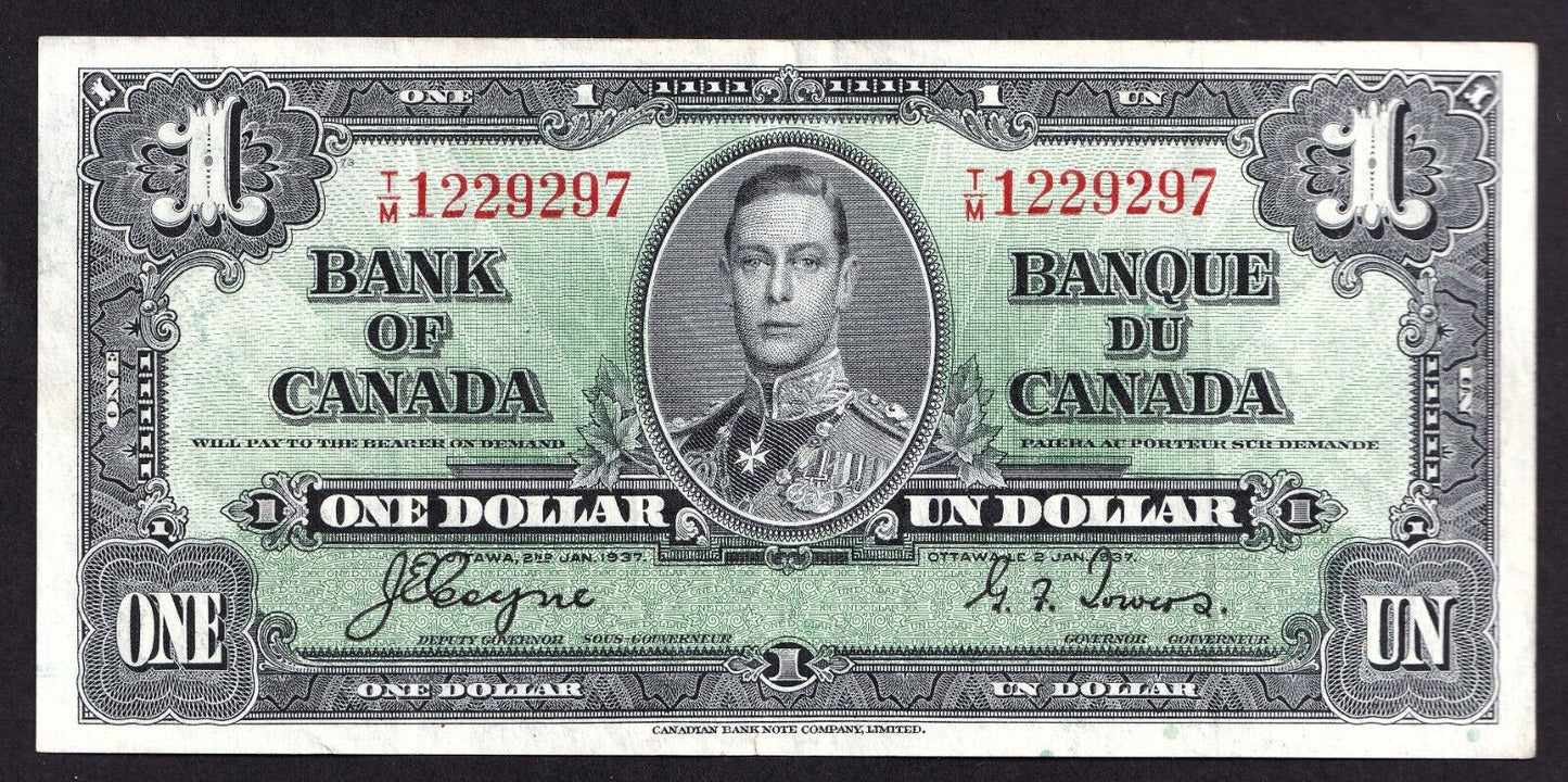 Canada 1937 $1 One Dollar Banknote Coyne - Towers T/M 1229297 Nice Colour