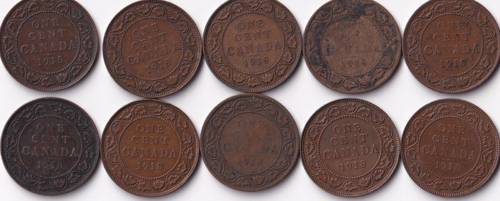 Canada 1918 1 Cent Lot of Ten Large Cents King George V Coins Harder Date