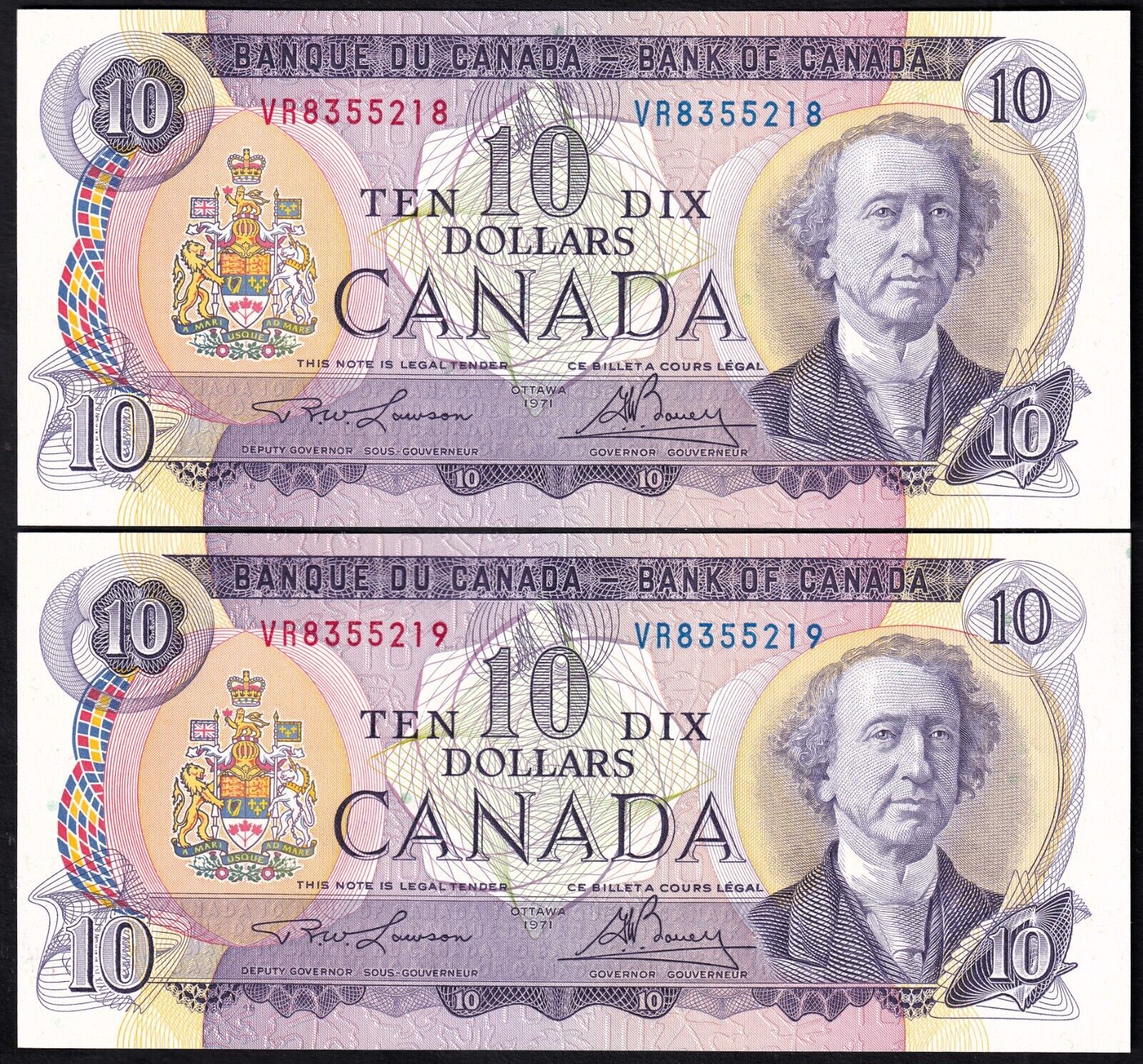 Canada 1971 $10 Ten Dollar Lot Of Two Consecutive Banknotes Lawson - Bouey VR